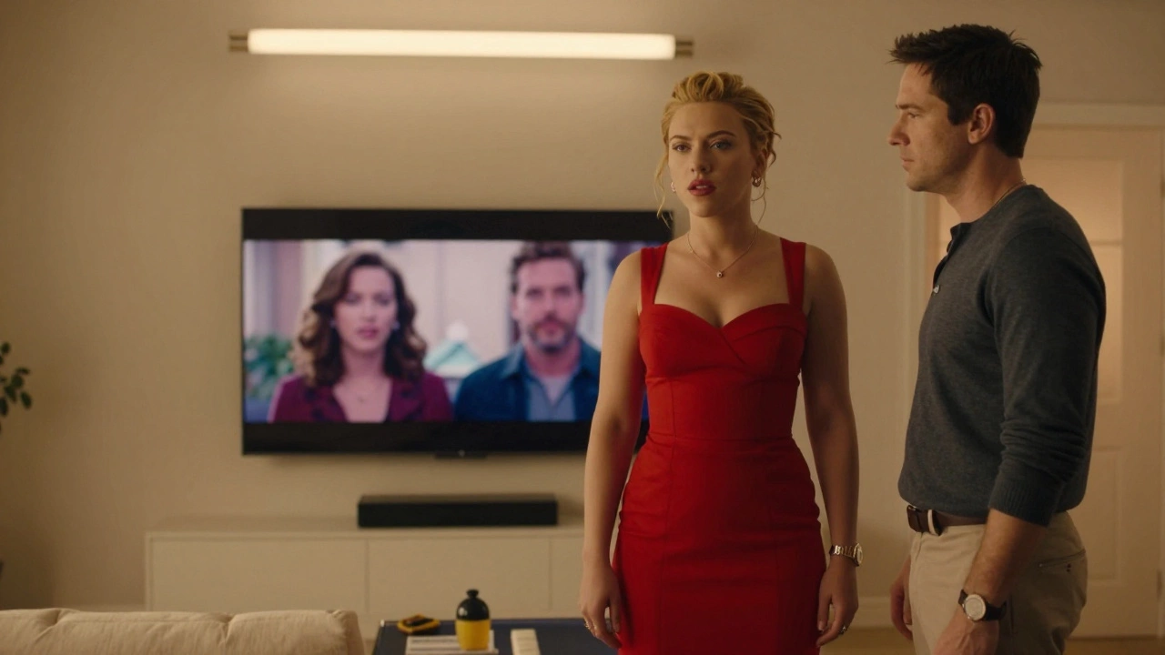 A couple posing like movie characters in a brightly lit apartment, with a romantic film playing on TV behind them.