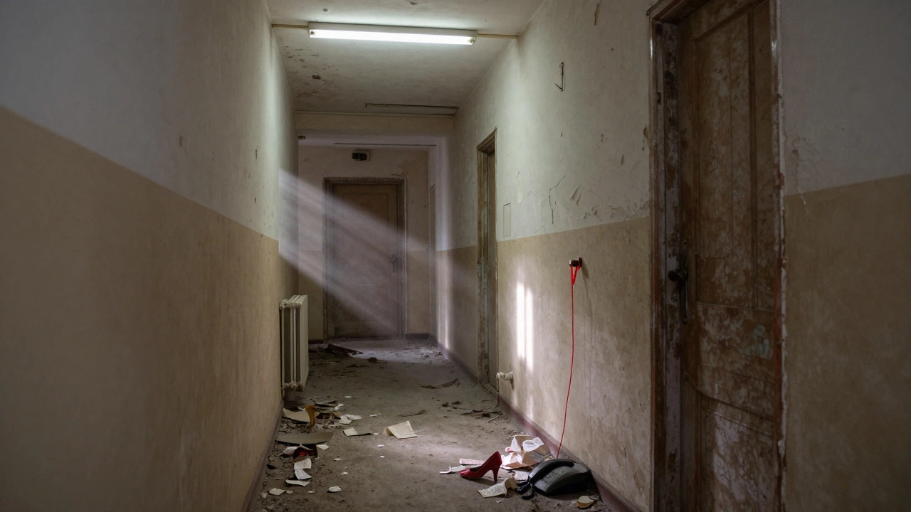 An abandoned hallway with a single high-heeled shoe and broken phone, symbolizing hidden lives.