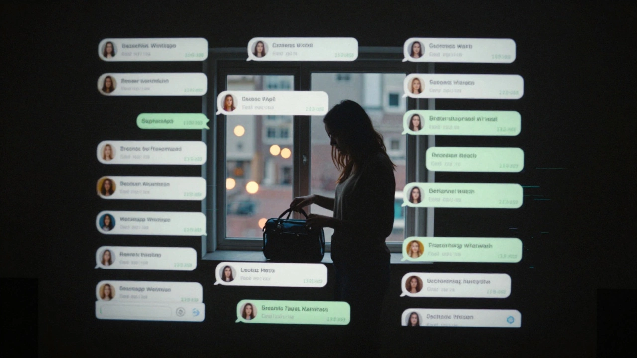 Projected encrypted messages on a dark wall as a woman packs to disappear.